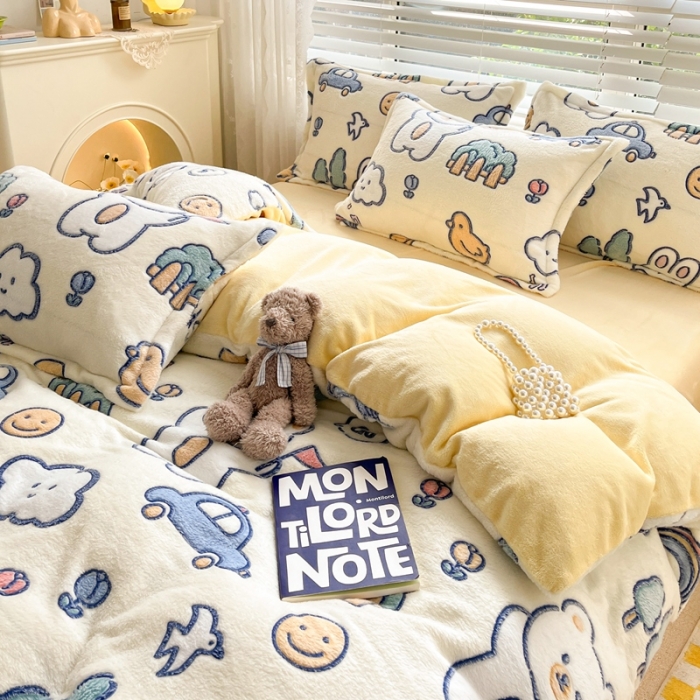 91家纺网 家纺一手货源 找家纺 慕尚2022新款5D牛奶绒法莱绒雪花绒四件套 动物巴士