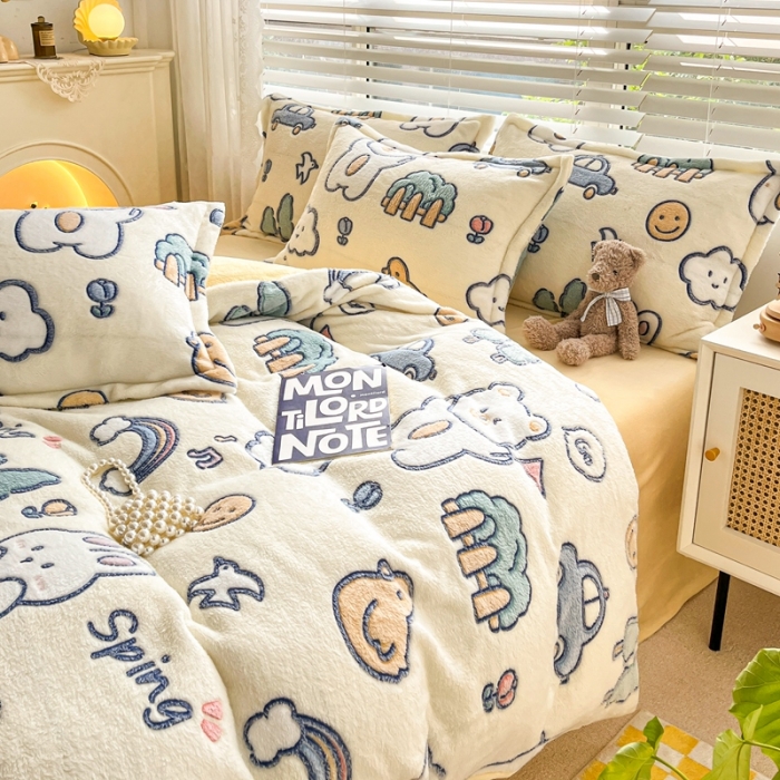 91家纺网 家纺一手货源 找家纺 慕尚2022新款5D牛奶绒法莱绒雪花绒四件套 动物巴士