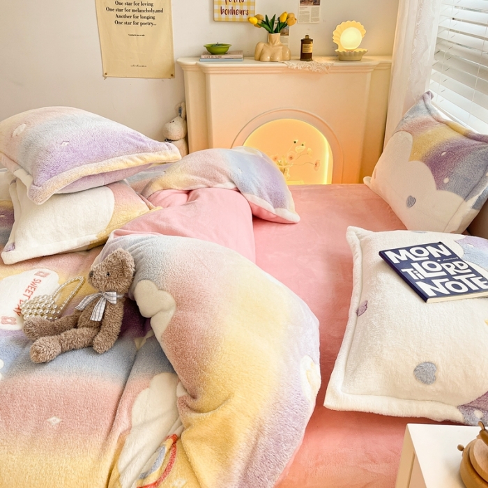 91家纺网 家纺一手货源 找家纺 慕尚2022新款5D牛奶绒法莱绒雪花绒四件套 梦幻彩虹