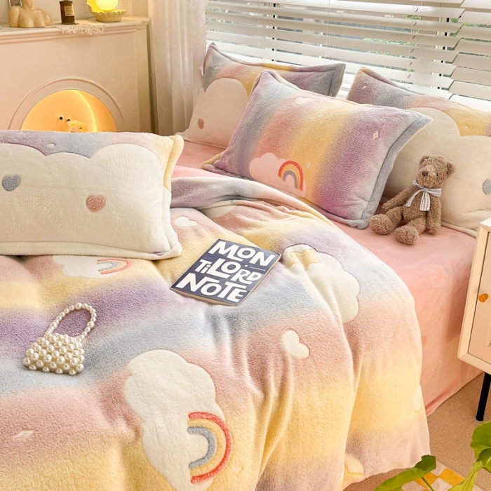 91家纺网 家纺一手货源 找家纺 慕尚2022新款5D牛奶绒法莱绒雪花绒四件套 梦幻彩虹