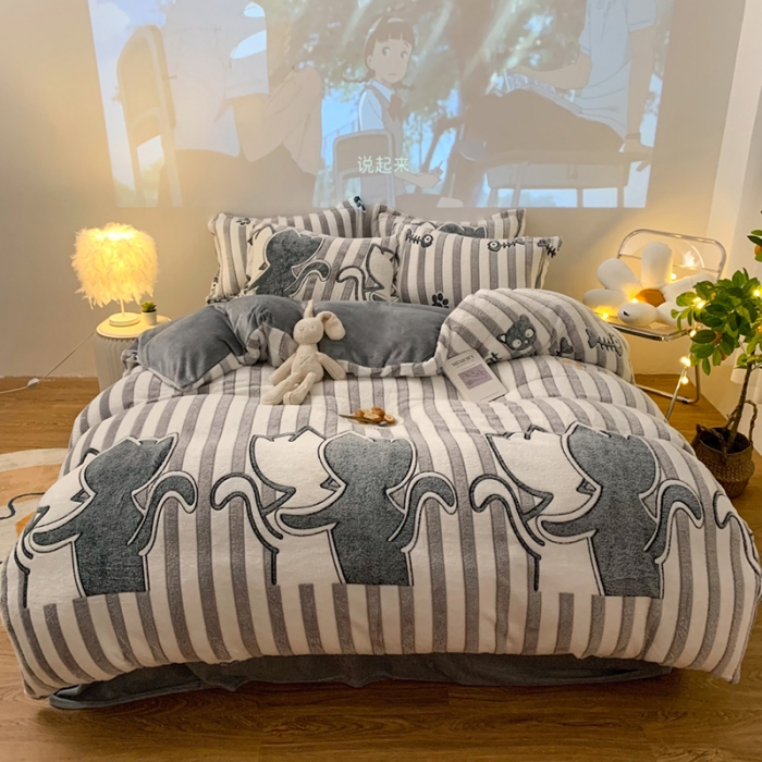 91家纺网 家纺一手货源 找家纺 慕尚2022新款5D牛奶绒法莱绒雪花绒四件套 情侣猫咪