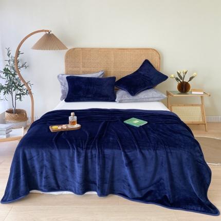 2025新款320g金貂绒亲肤盖毯加厚纯色珊瑚绒素色法兰绒毯子外贸高端款深蓝