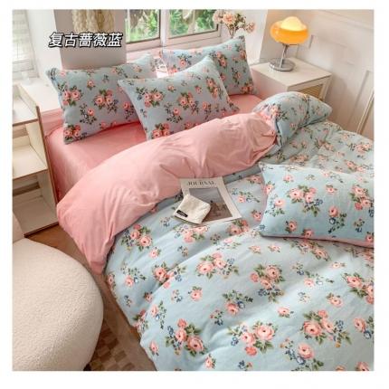 91家纺网 家纺一手货源 找家纺 吾欢心 2022新款牛奶绒四件套 复古蔷薇蓝