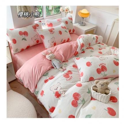 91家纺网 家纺一手货源 找家纺 吾欢心 2022新款牛奶绒四件套 樱桃小熊