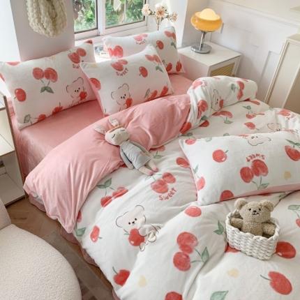 吾欢心 2022新款牛奶绒四件套 樱桃小熊