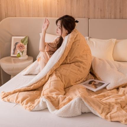 91家纺网 家纺一手货源 找家纺 简爱 2025塔芙绒纯色羊羔绒多功能毛毯被套休闲毯 纹路菱形格-姜黄