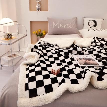 席之家 2024新加厚保暖棋盘格羊羔绒毛毯盖毯子 经典黑