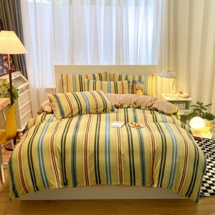 91家纺网 家纺一手货源 找家纺 桃子家居 2022新款ins轻奢简约北欧加厚牛奶绒系列四件套 多彩竖条