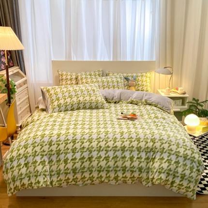 91家纺网 家纺一手货源 找家纺 桃子家居 2022新款ins轻奢简约北欧加厚牛奶绒系列四件套 千鸟格唐顿