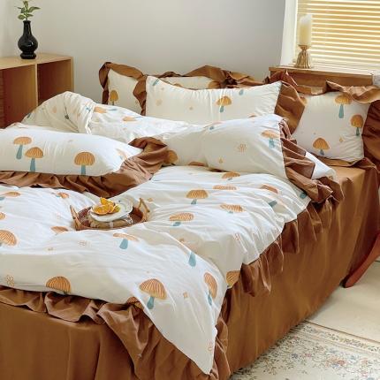 91家纺网 家纺一手货源 找家纺 总花伞法式复古花边秋冬温柔气质焦糖色锦棉四件套（提供卖家秀）