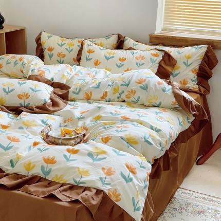 91家纺网 家纺一手货源 找家纺 总花伞法式复古花边秋冬温柔气质焦糖色锦棉四件套（提供卖家秀）