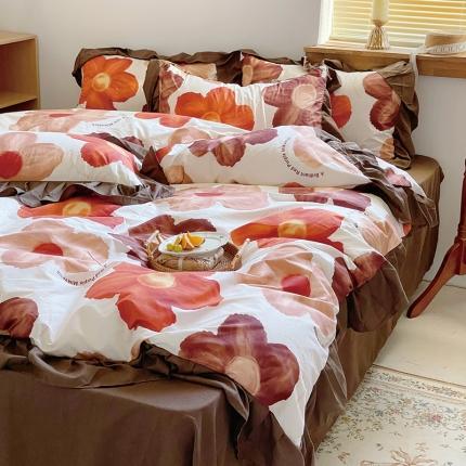 91家纺网 家纺一手货源 找家纺 总花伞法式复古花边秋冬温柔气质焦糖色锦棉四件套（提供卖家秀）