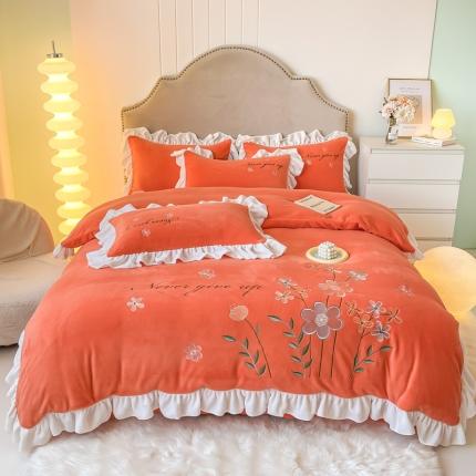 91家纺网 家纺一手货源 找家纺 凯美2022新款牛奶绒四件套花镜系列 橘色