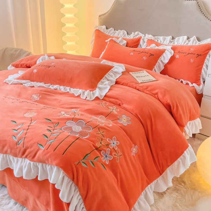 91家纺网 家纺一手货源 找家纺 凯美2022新款牛奶绒四件套花镜系列 橘色