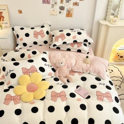 91家纺网 家纺一手货源 找家纺 川悦生活2022直播供货高克重小清新牛奶绒四件套 波点蝴蝶结
