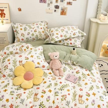 91家纺网 家纺一手货源 找家纺 川悦生活 2022直播供货高克重小清新牛奶绒四件套 森系小兔