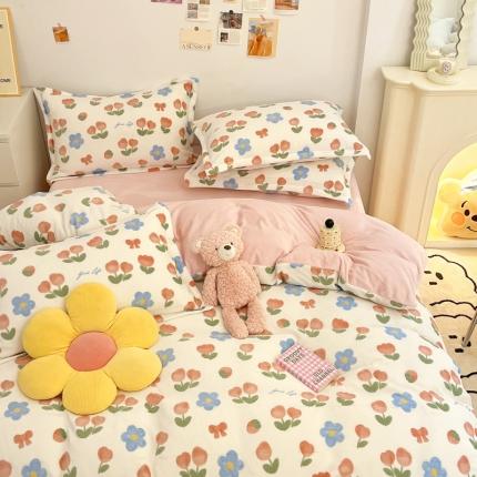 91家纺网 家纺一手货源 找家纺 川悦生活2022直播供货高克重小清新牛奶绒四件套 郁金草莓粉