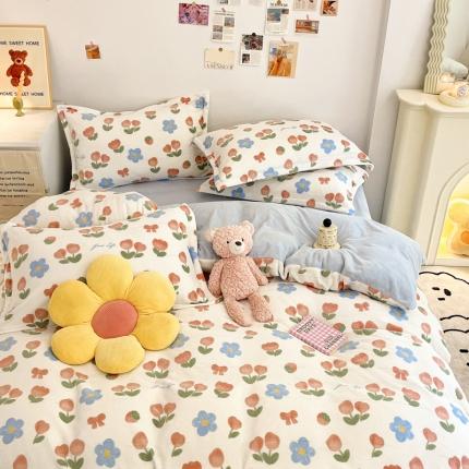 91家纺网 家纺一手货源 找家纺 川悦生活2022直播供货高克重小清新牛奶绒四件套 郁金草莓蓝