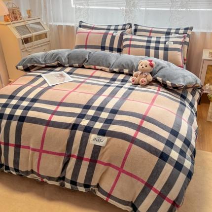 91家纺网 家纺一手货源 找家纺 花漾2023新款无印极简风牛奶绒四件套 格条1-宝丽咖