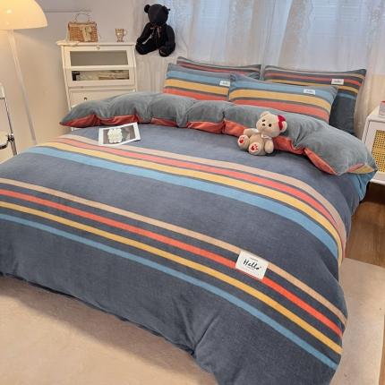 91家纺网 家纺一手货源 找家纺 花漾2023新款无印极简风牛奶绒四件套 无印彩条