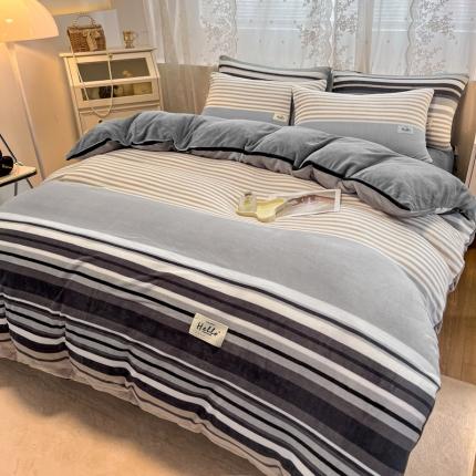 91家纺网 家纺一手货源 找家纺 花漾2023新款无印极简风牛奶绒四件套 雅致条纹