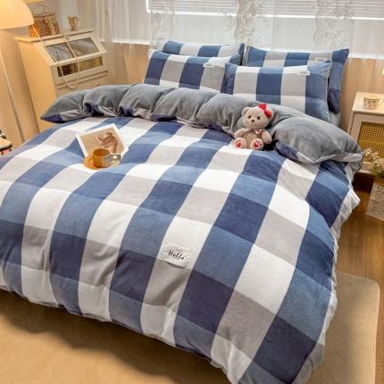 91家纺网 家纺一手货源 找家纺 花漾2023新款无印极简风牛奶绒四件套 中蓝格