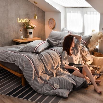 91家纺网 家纺一手货源 找家纺 花漾2023新款无印极简风牛奶绒四件套 时尚条纹 灰