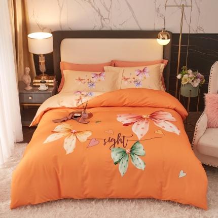 91家纺网 家纺一手货源 找家纺 惠居家 2022大版全棉磨毛四件套中国风花卉花之蝶影 桔