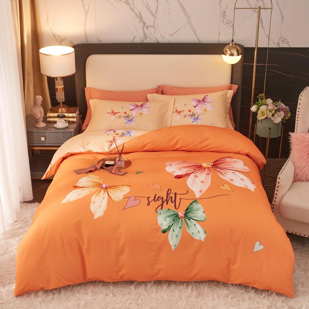 91家纺网 家纺一手货源 找家纺 惠居家 2022大版全棉磨毛四件套中国风花卉花之蝶影 桔