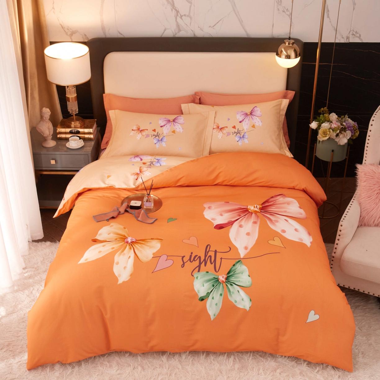 91家纺网 家纺一手货源 找家纺 惠居家 2022大版全棉磨毛四件套中国风花卉花之蝶影 桔