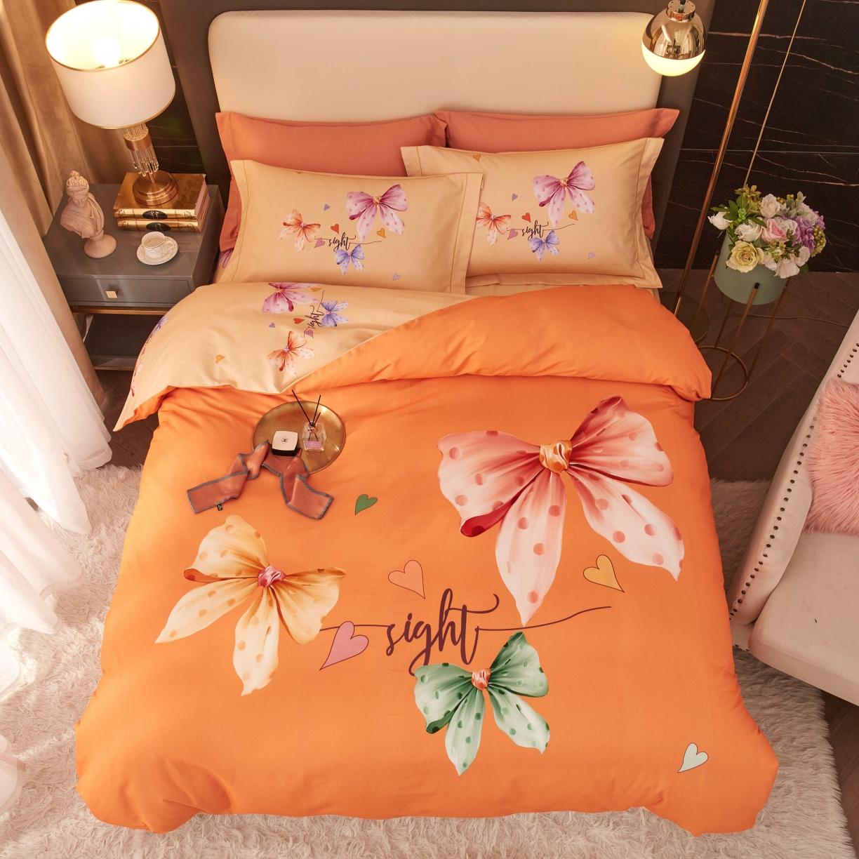 91家纺网 家纺一手货源 找家纺 惠居家 2022大版全棉磨毛四件套中国风花卉花之蝶影 桔