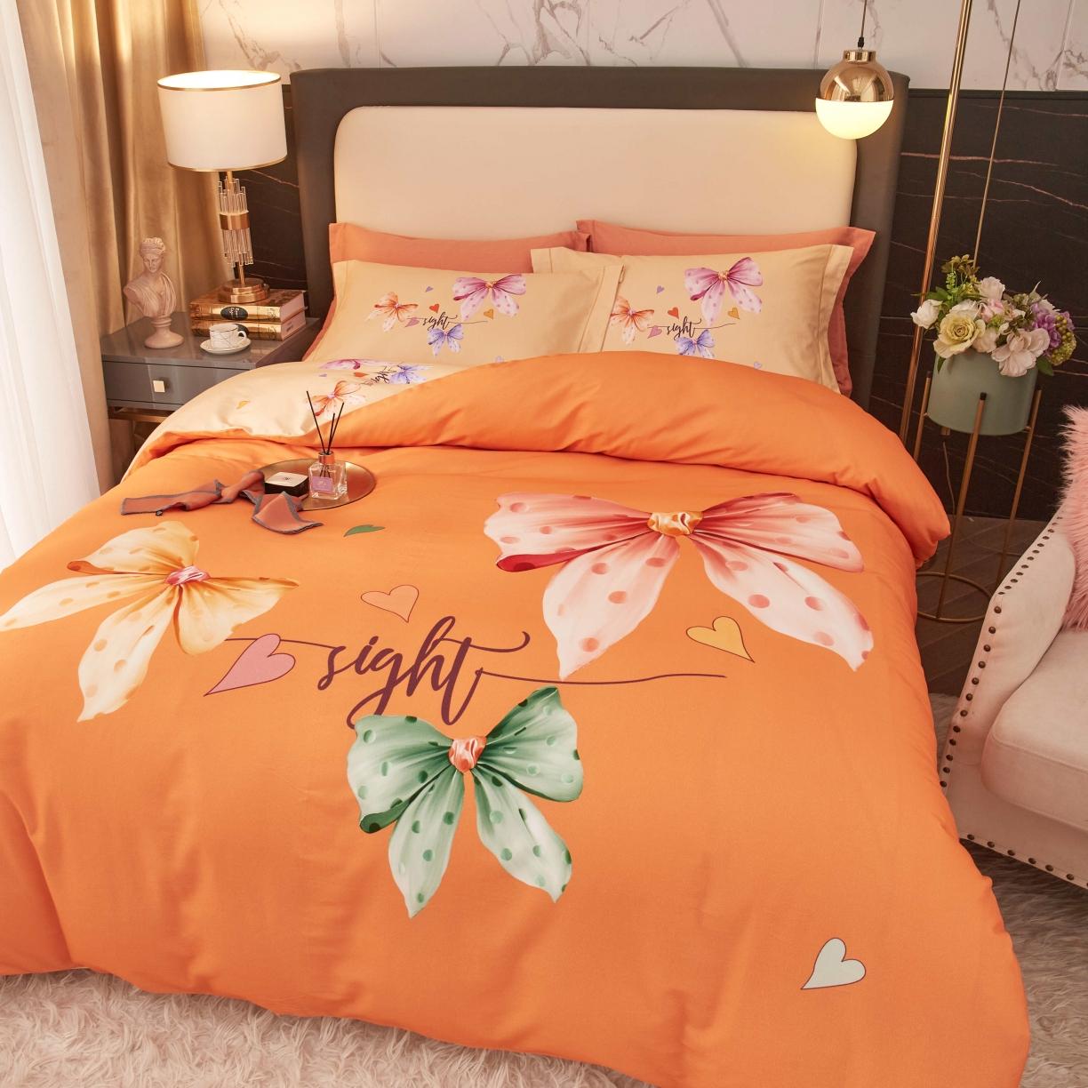 91家纺网 家纺一手货源 找家纺 惠居家 2022大版全棉磨毛四件套中国风花卉花之蝶影 桔