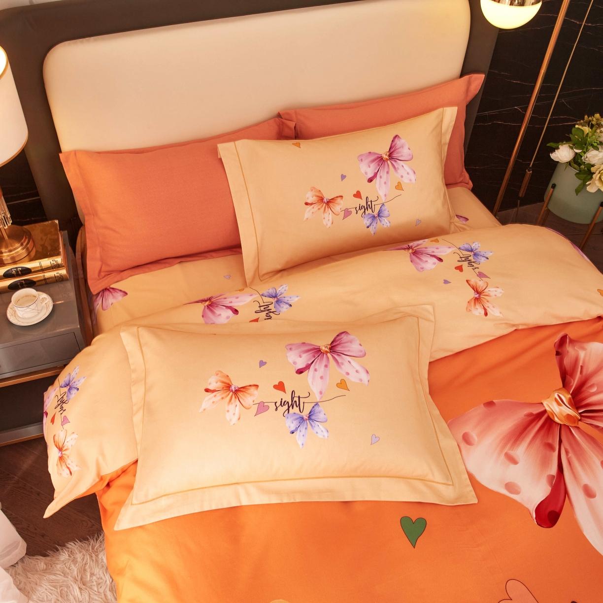 91家纺网 家纺一手货源 找家纺 惠居家 2022大版全棉磨毛四件套中国风花卉花之蝶影 桔