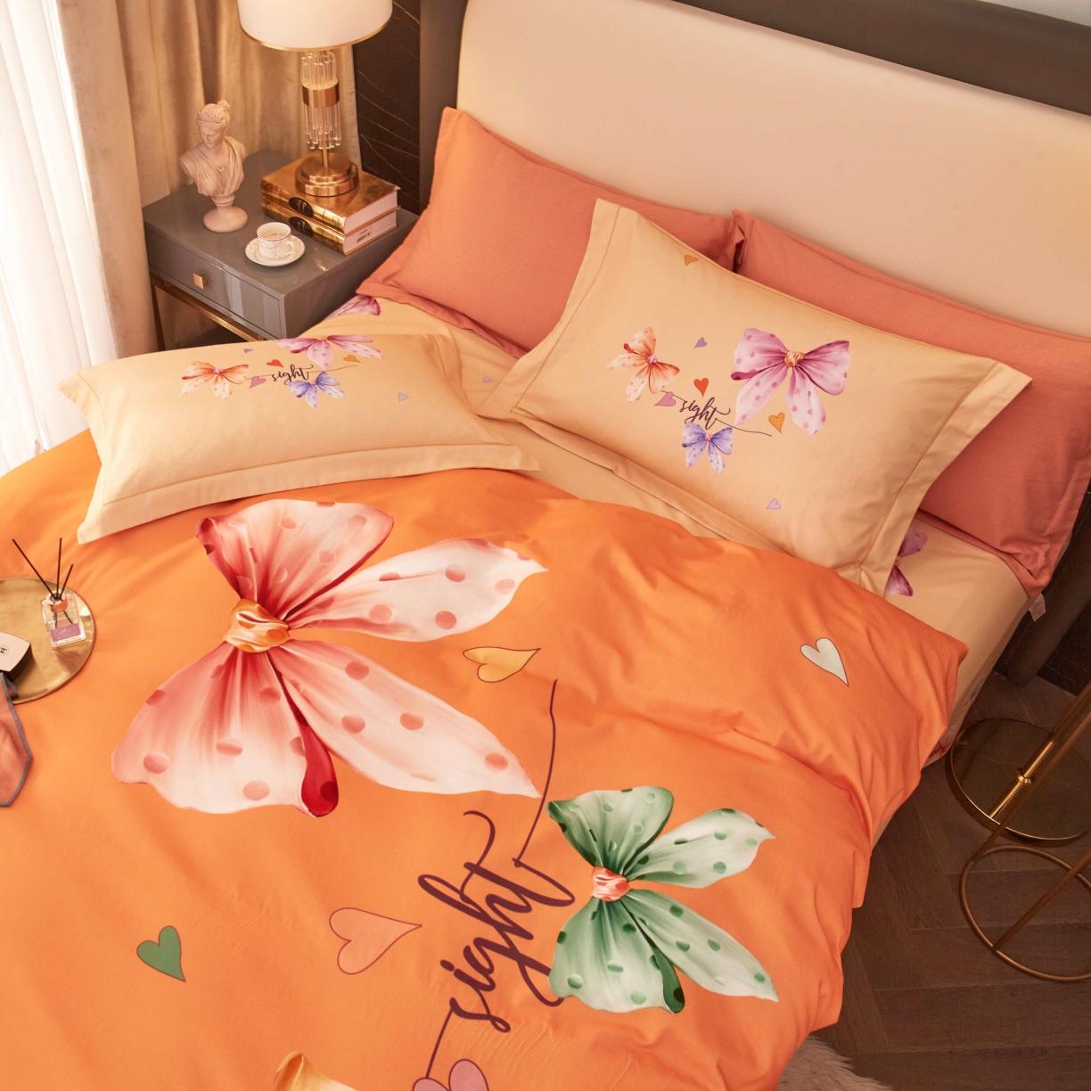 91家纺网 家纺一手货源 找家纺 惠居家 2022大版全棉磨毛四件套中国风花卉花之蝶影 桔