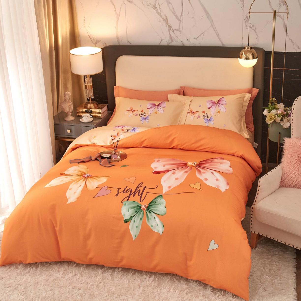 91家纺网 家纺一手货源 找家纺 惠居家 2022大版全棉磨毛四件套中国风花卉花之蝶影 桔