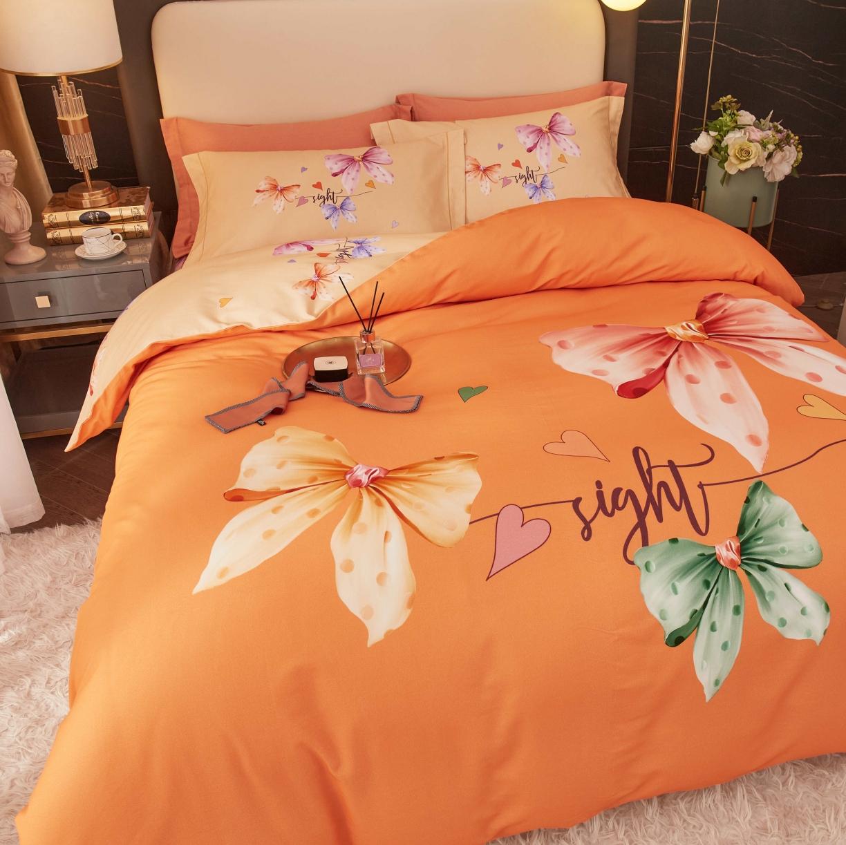 91家纺网 家纺一手货源 找家纺 惠居家 2022大版全棉磨毛四件套中国风花卉花之蝶影 桔