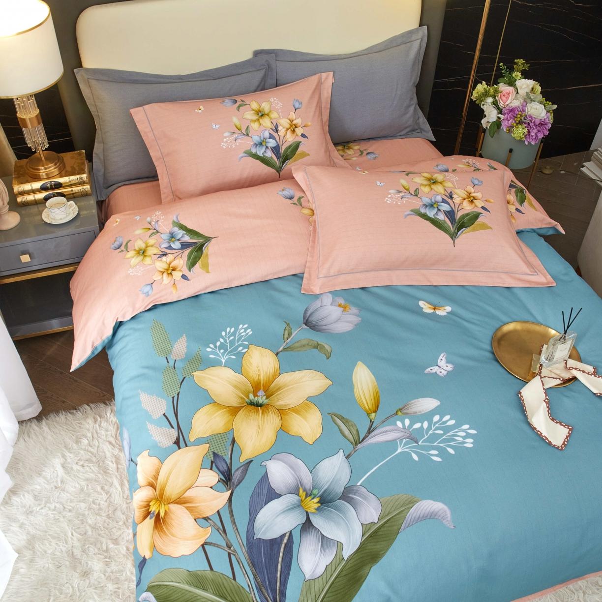 91家纺网 家纺一手货源 找家纺 惠居家 2022大版全棉磨毛四件套中国风花卉花醉 绿