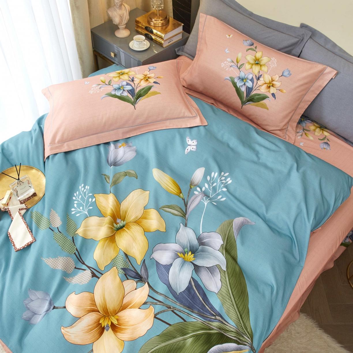 91家纺网 家纺一手货源 找家纺 惠居家 2022大版全棉磨毛四件套中国风花卉花醉 绿