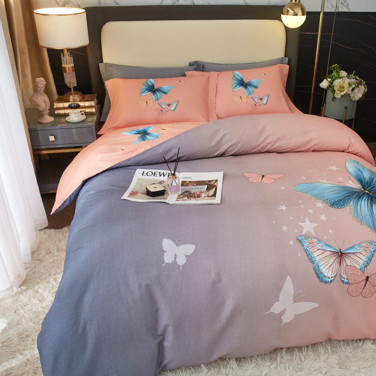 91家纺网 家纺一手货源 找家纺 惠居家 2022大版全棉磨毛四件套中国风花卉翩翩起舞 粉