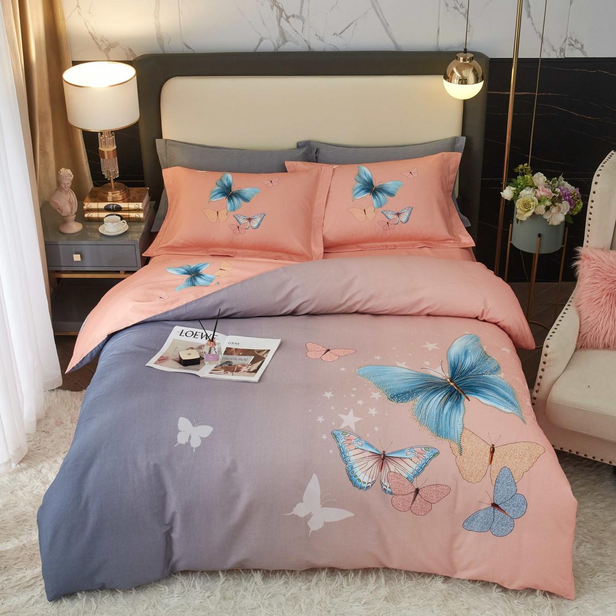 91家纺网 家纺一手货源 找家纺 惠居家 2022大版全棉磨毛四件套中国风花卉翩翩起舞 粉