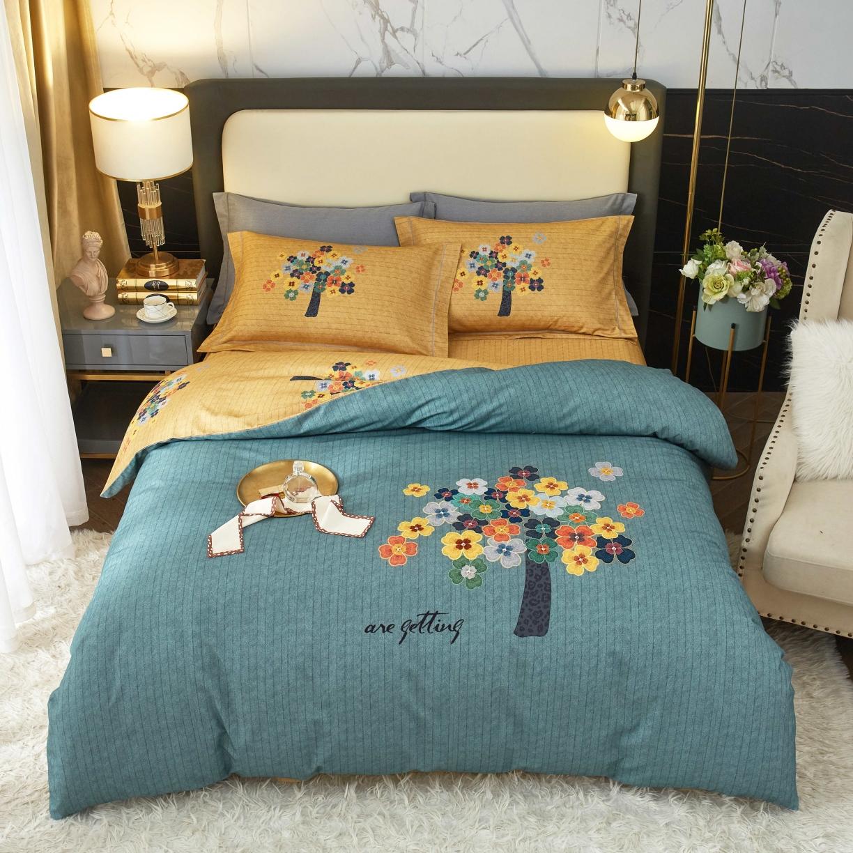 91家纺网 家纺一手货源 找家纺 惠居家 2022大版全棉磨毛四件套中国风花卉颂秋 绿