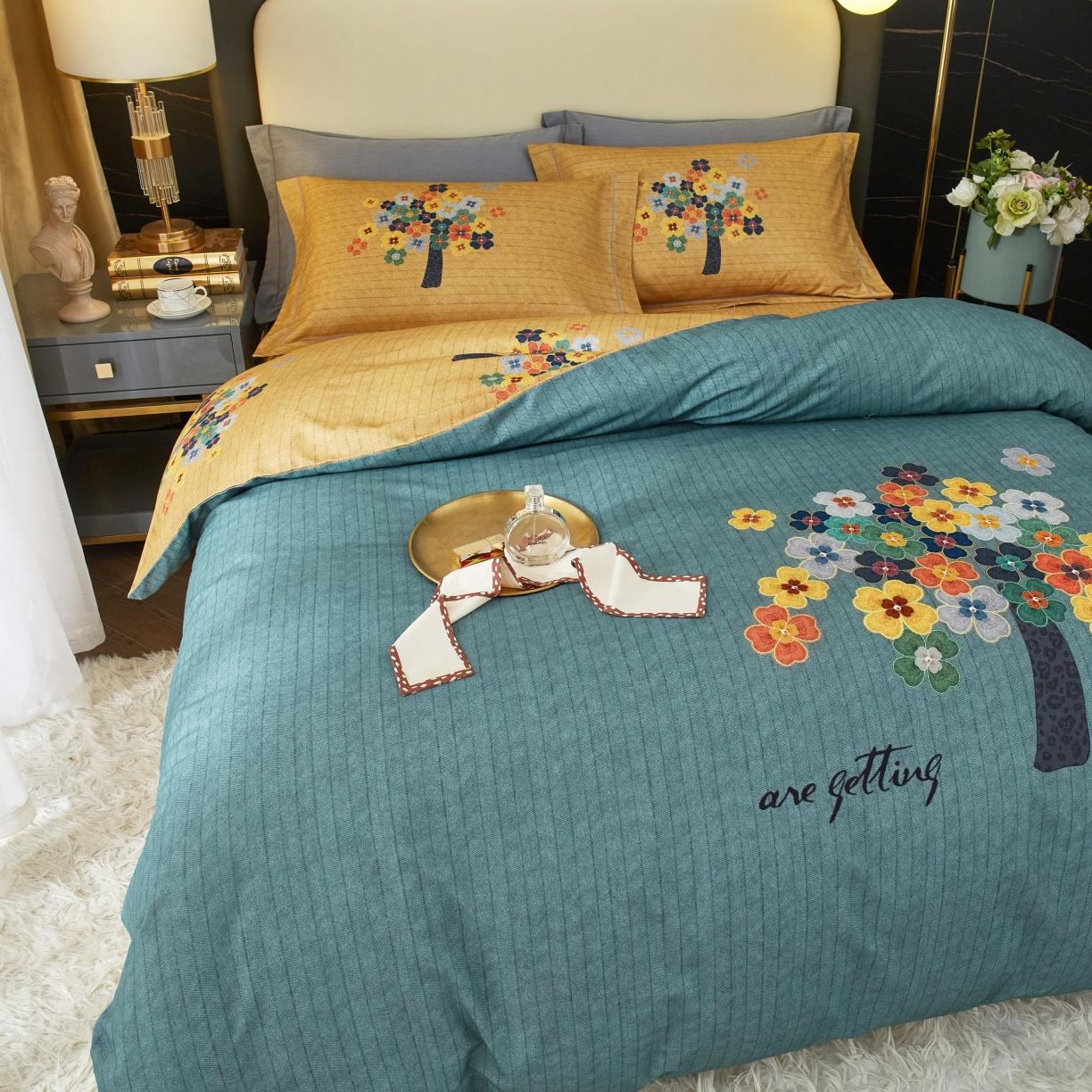 91家纺网 家纺一手货源 找家纺 惠居家 2022大版全棉磨毛四件套中国风花卉颂秋 绿