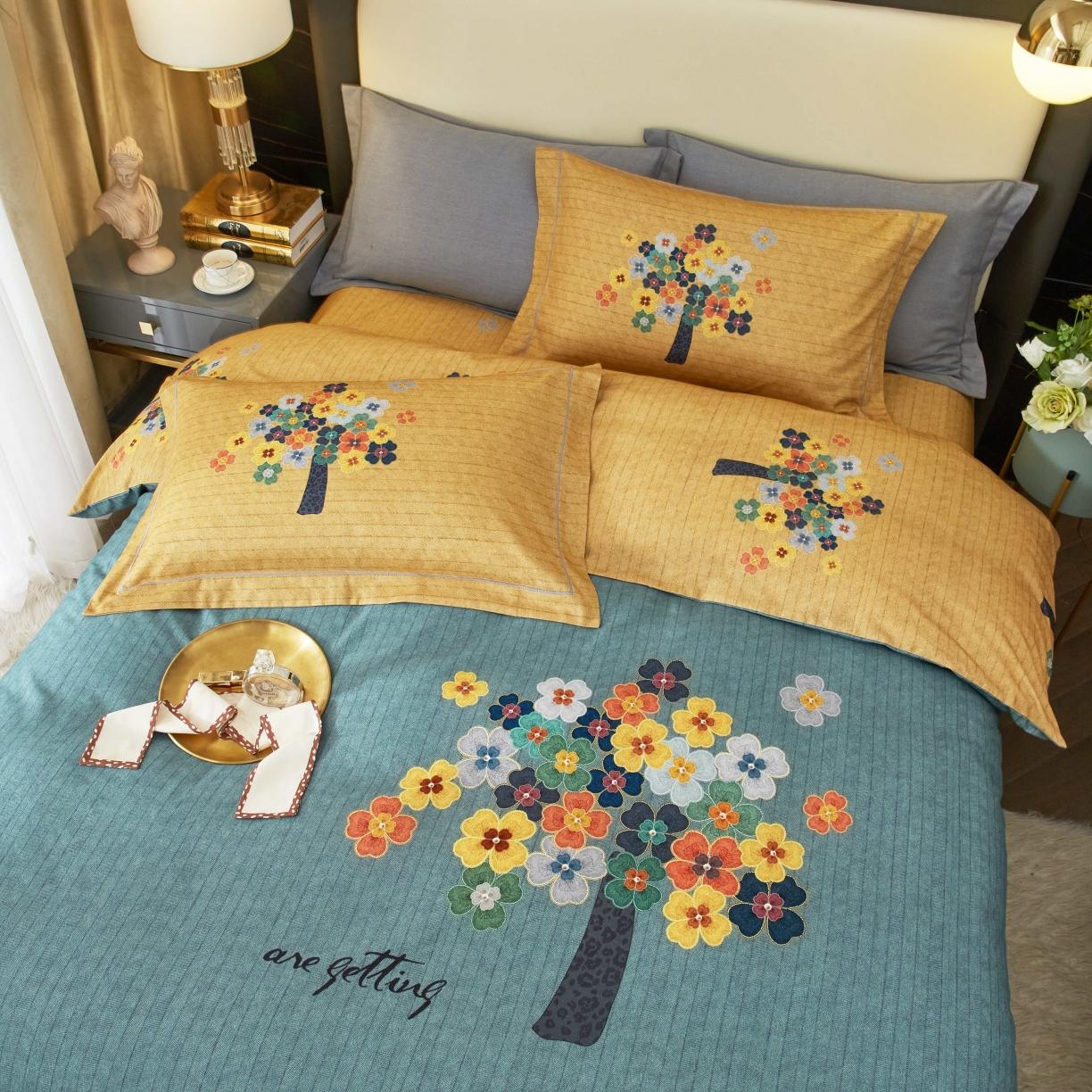 91家纺网 家纺一手货源 找家纺 惠居家 2022大版全棉磨毛四件套中国风花卉颂秋 绿