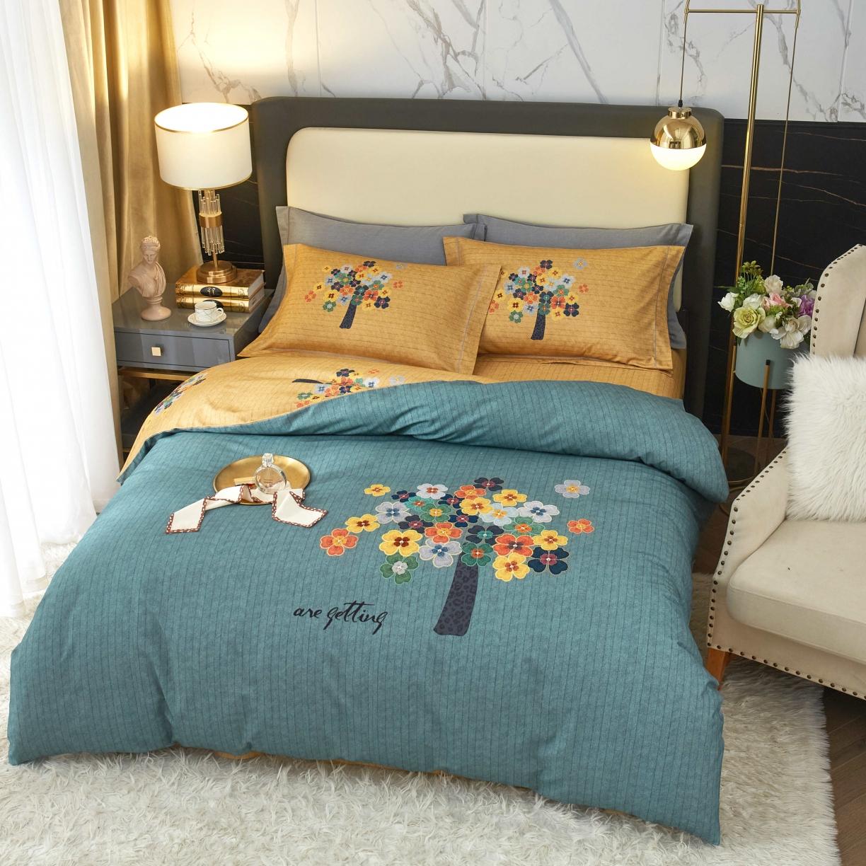 91家纺网 家纺一手货源 找家纺 惠居家 2022大版全棉磨毛四件套中国风花卉颂秋 绿