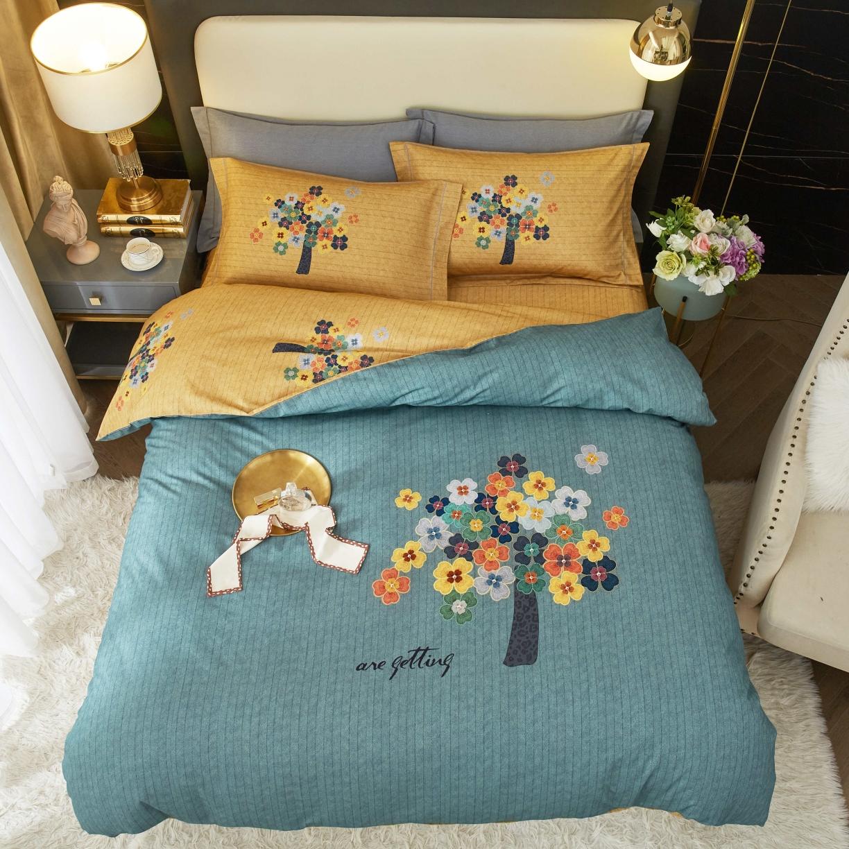 91家纺网 家纺一手货源 找家纺 惠居家 2022大版全棉磨毛四件套中国风花卉颂秋 绿