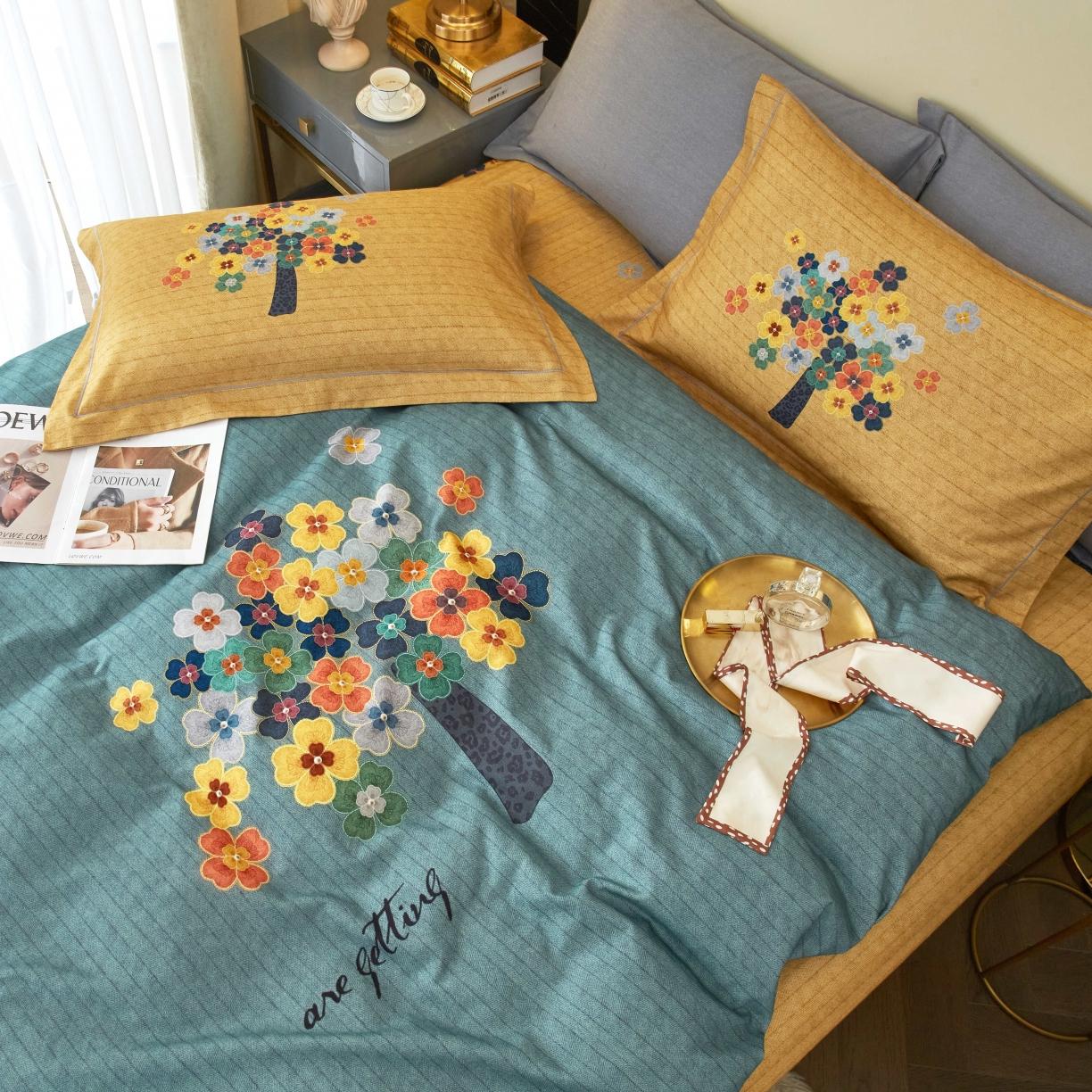 91家纺网 家纺一手货源 找家纺 惠居家 2022大版全棉磨毛四件套中国风花卉颂秋 绿