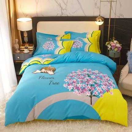 91家纺网 家纺一手货源 找家纺 惠居家 2022大版全棉磨毛四件套中国风花卉许愿树 天蓝