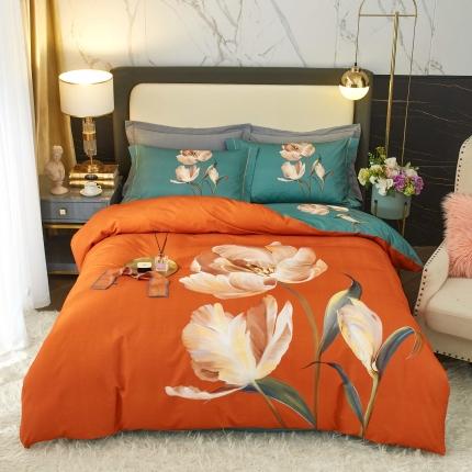 惠居家 2022大版全棉磨毛四件套中国风花卉一笑倾城 桔