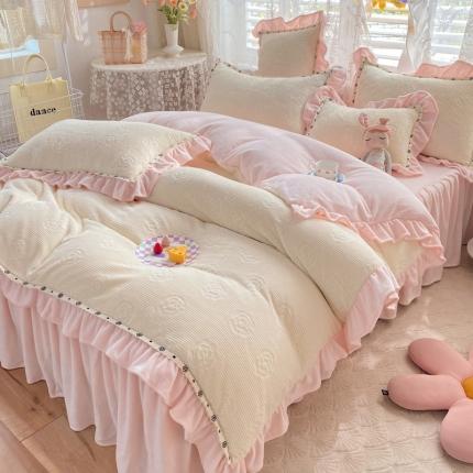 恩和 2024新款牛奶绒雕花绒法式小香风四件套 白玫瑰