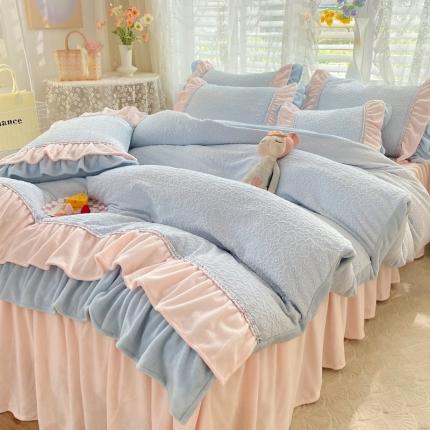 恩和 2024新款牛奶绒雕花绒法式小香风四件套 萝莉蓝